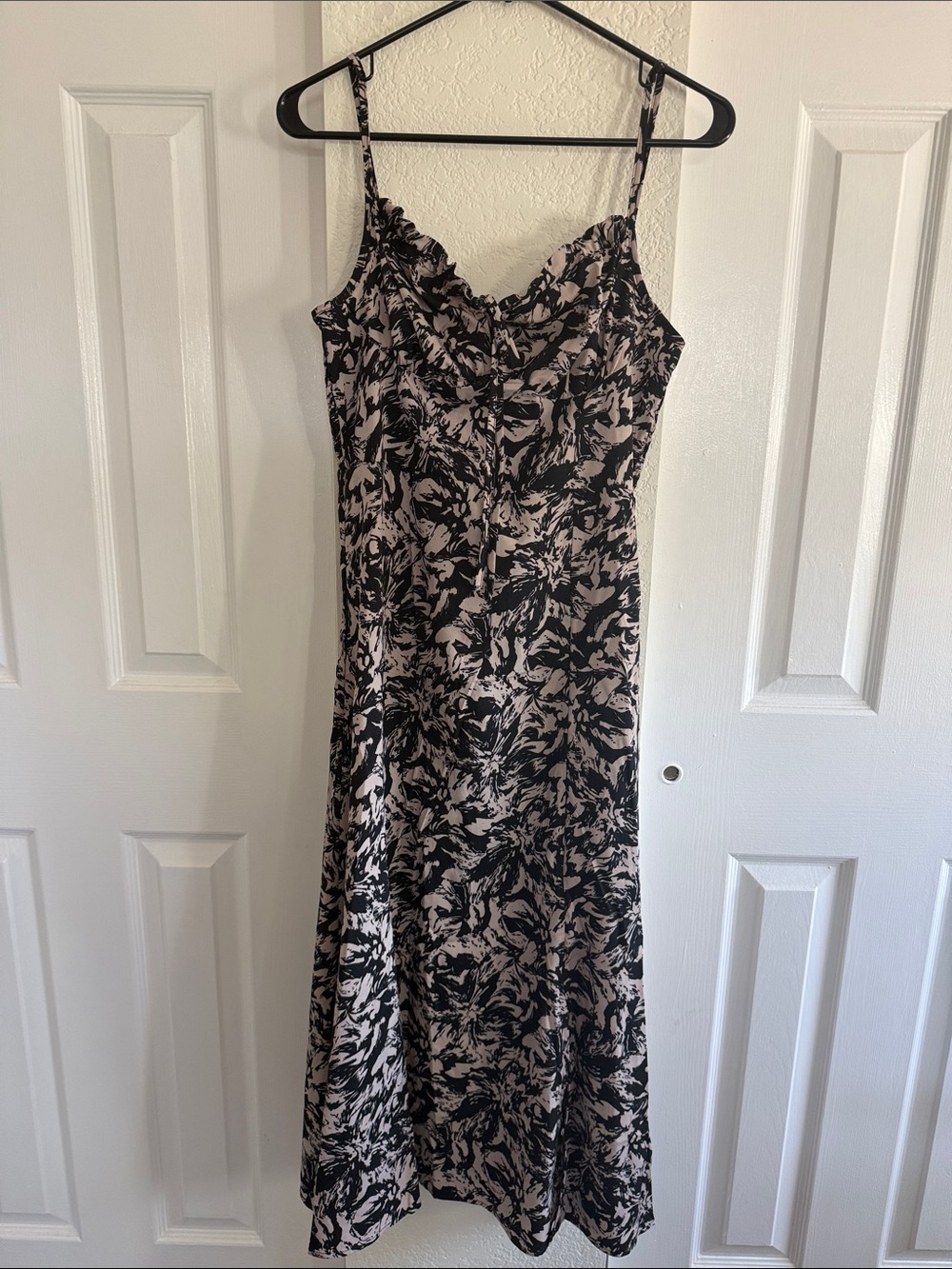 Black and Blush Floral Midi Slip Dress with Cowl Neck